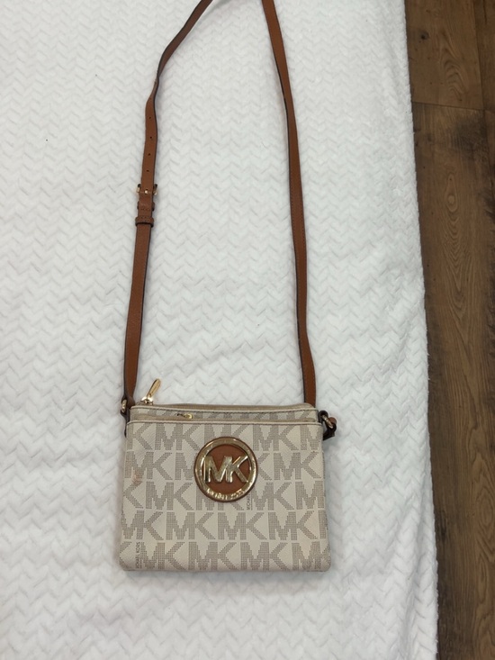 Michael Kors Handbags - Michael Kors Beige Logo Crossbody with Tan Leather Strap